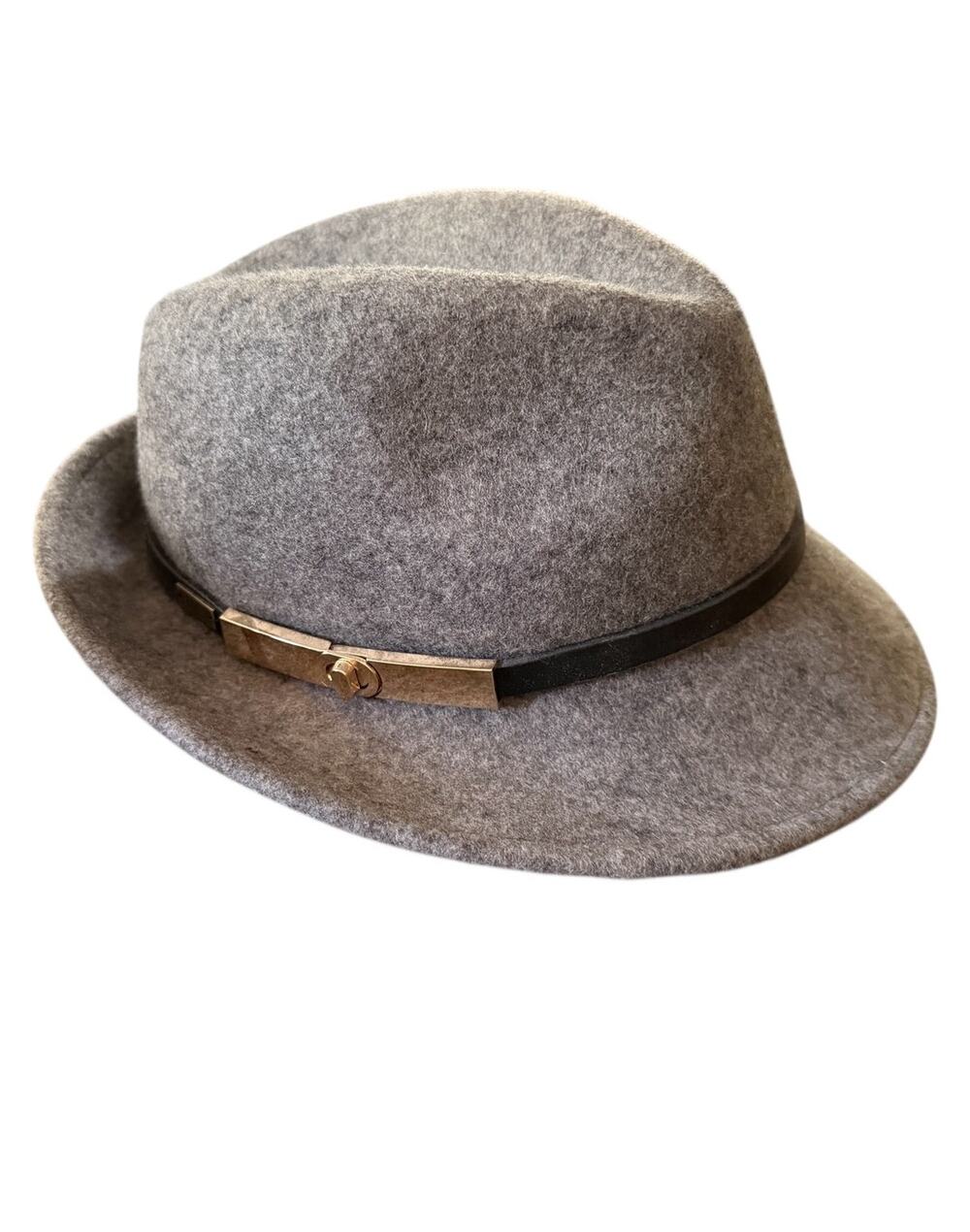 Gray Wool Fedora Hat Black Leather Band Gold Hardware One Size OSFM